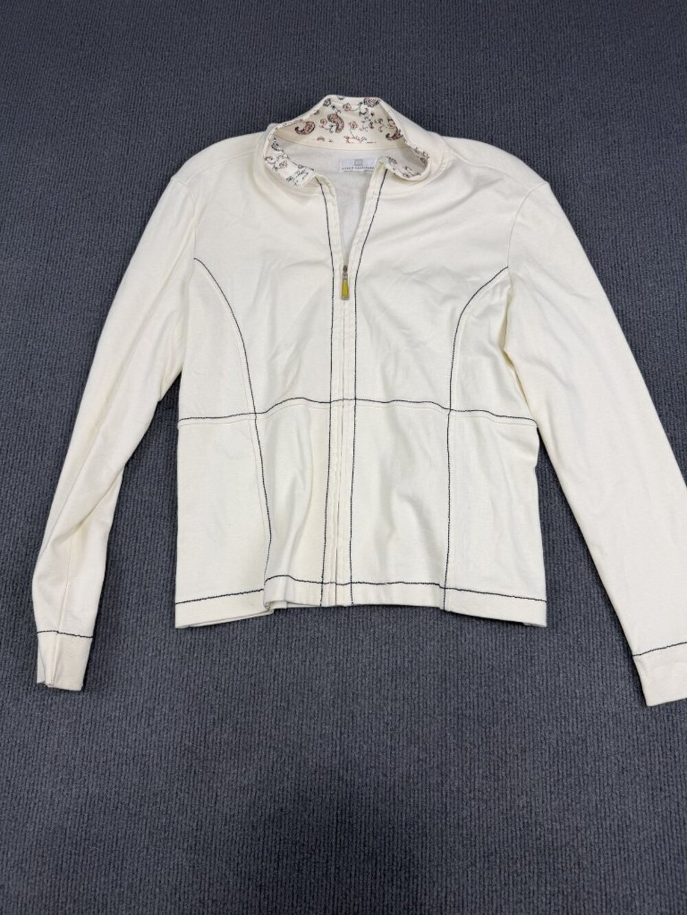 Karen Neuburger Womens Cream Full-Zip Jacket Floral Collar Accent Size L